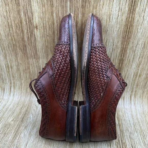 Mezlan Acapulco Men's 8.5 Brown Woven Leather Genuine Crocodile Cap Toe Oxfords